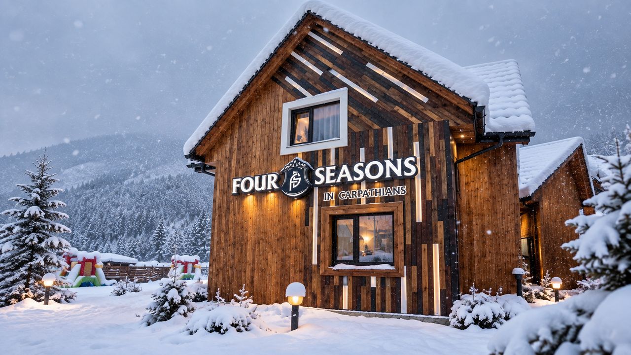 Корпус Four Seasons In Carpathians взимку, у снігу, з вечірнім підсвічуванням
